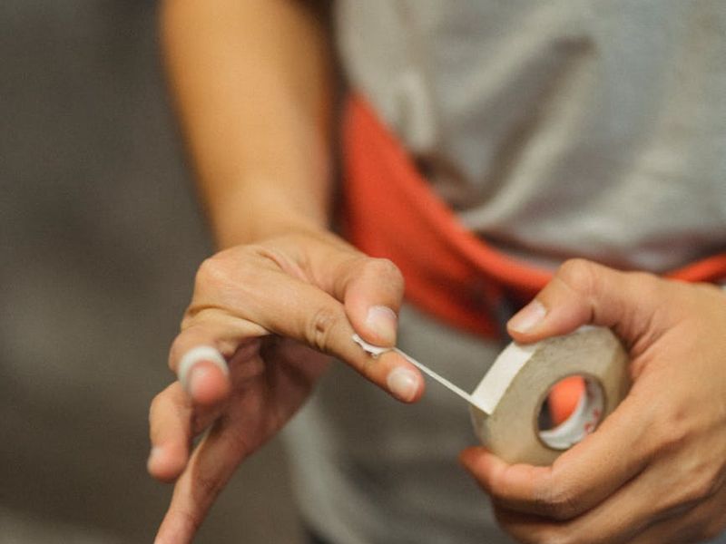 Close up of sports equipment and a man hands preparing for training.